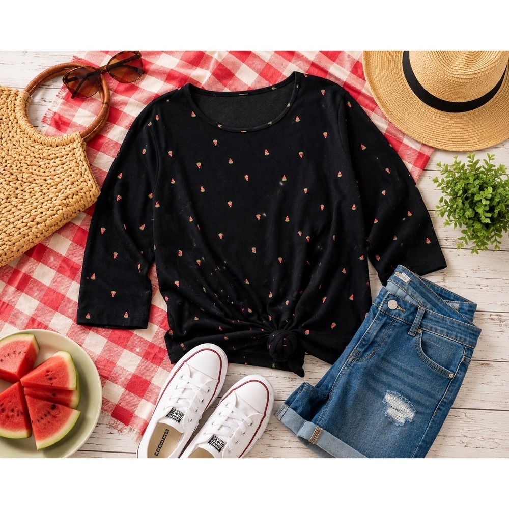 CJ Banks Black Watermelon Print 3/4 Sleeve Cotton Knit Top Women's XL Casual Tee